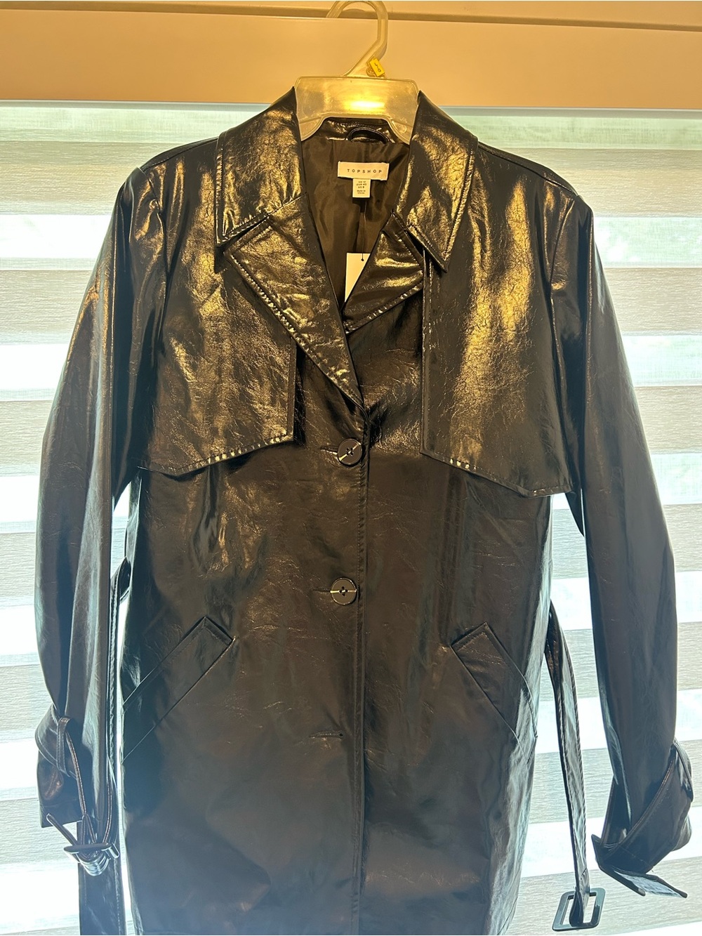 Topshop Glossy Black Faux Leather Trench Coat with Belt